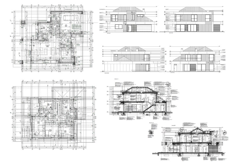 Detailed architectural drawings showcasing the elevations, sections, and floor plans of a modern villa, suitable for house blueprint projects or plan maison designs.