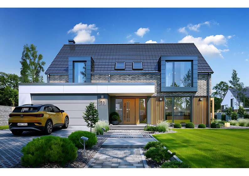 Pu&ograve; includere: Una casa a due piani con tetto in tegole scure, facciata in mattoni grigi e una fascia orizzontale bianca. L'esterno presenta un garage, una porta d'ingresso in legno, ampie finestre e un SUV giallo su un vialetto pavimentato con prato.