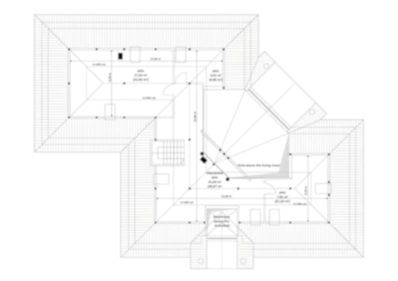 Roof layout plan showcasing precise measurements and design details for a modern house. Ideal for architects and builders looking for detailed house blueprints. Includes attic space and structural elements for efficient construction planning.