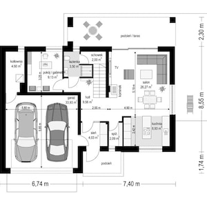 Detailed ground floor blueprint showcasing a two-car garage, spacious living room, and functional kitchen. Ideal for modern house plans and architectural enthusiasts.