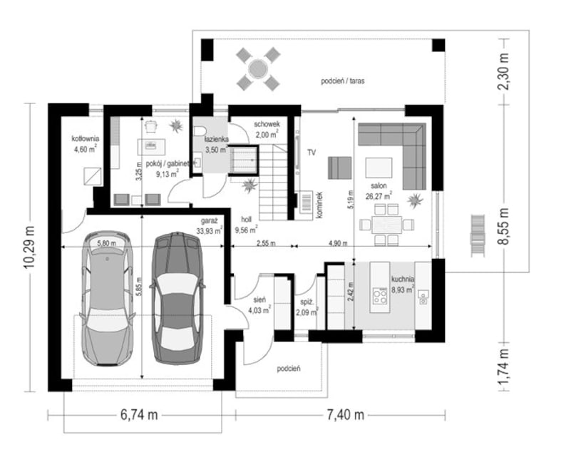 Detailed ground floor blueprint showcasing a two-car garage, spacious living room, and functional kitchen. Ideal for modern house plans and architectural enthusiasts.