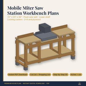 May include: Mobile Miter Saw Station Workbench Plans featuring a 72 inch by 24 inch by 36 inch design with a flush saw well, lower shelf, and locking casters. The digital document includes a cut list, shopping list, and 3D steps.
