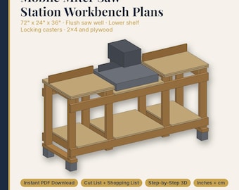 May include: Mobile Miter Saw Station Workbench Plans featuring a 72 inch by 24 inch by 36 inch design with a flush saw well, lower shelf, and locking casters. The digital document includes a cut list, shopping list, and 3D steps.