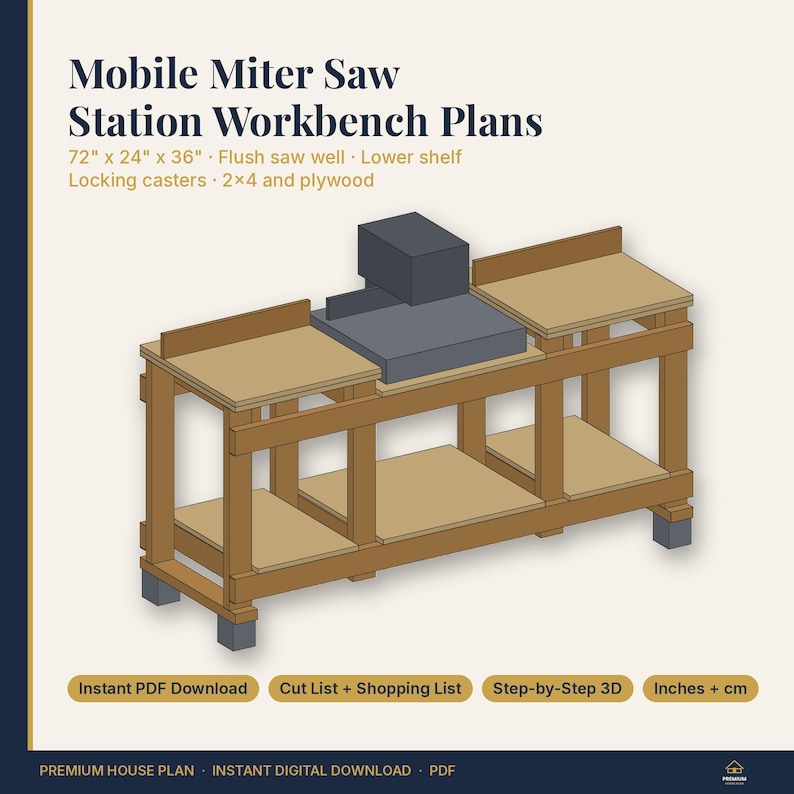 May include: Mobile Miter Saw Station Workbench Plans featuring a 72 inch by 24 inch by 36 inch design with a flush saw well, lower shelf, and locking casters. The digital document includes a cut list, shopping list, and 3D steps.