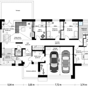 Detailed architectural floor plan showing the layout of a modern family home with garage, bedrooms, kitchen, and terrace. A practical reference for house blueprints and floor plans enthusiasts.