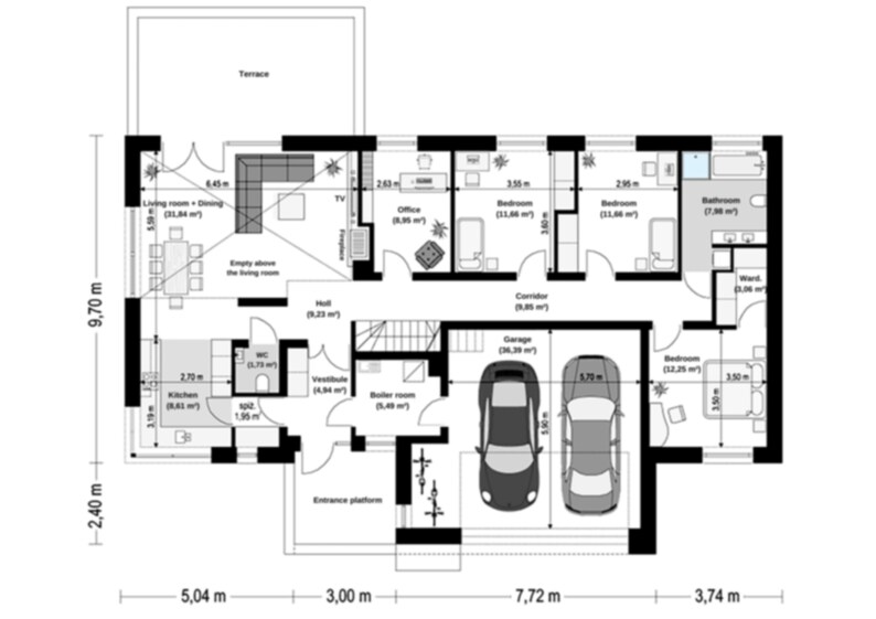 Detailed architectural floor plan showing the layout of a modern family home with garage, bedrooms, kitchen, and terrace. A practical reference for house blueprints and floor plans enthusiasts.