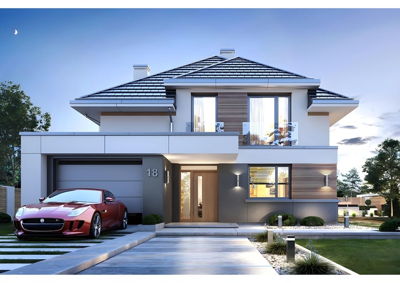 Front view of a luxury modern house featuring a garage and sleek design, ideal for modern house plans and house blueprint seekers.