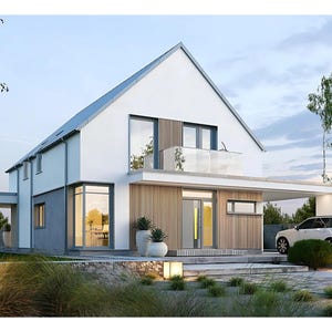 Contemporary House Design with Floor Plans – A sleek, gable-roof house featuring a spacious carport, glass railings, and a warm wood-accented facade. Includes detailed house blueprint and free DWG file. #houseblueprint #floorplans #houseplanmodern
