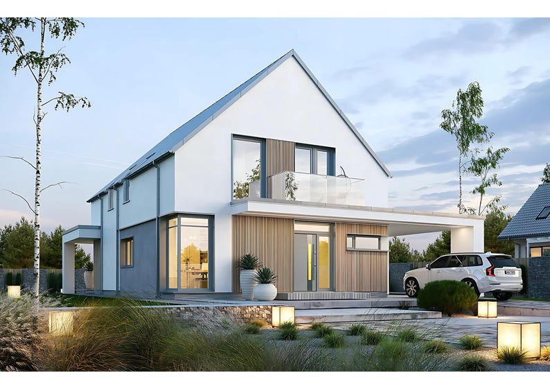 Contemporary House Design with Floor Plans – A sleek, gable-roof house featuring a spacious carport, glass railings, and a warm wood-accented facade. Includes detailed house blueprint and free DWG file. #houseblueprint #floorplans #houseplanmodern