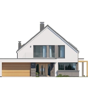 Front view of a contemporary home with a gabled roof, garage, and expansive glass windows. The clean architectural lines suit barndominium plans or villa layouts.