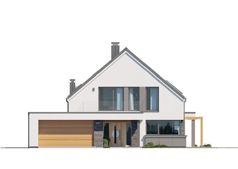 Front view of a contemporary home with a gabled roof, garage, and expansive glass windows. The clean architectural lines suit barndominium plans or villa layouts.