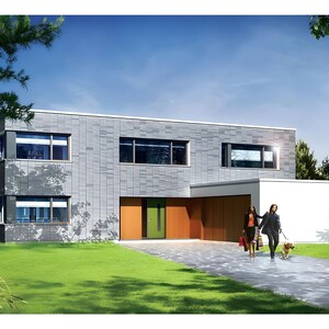 Contemporary house facade featuring sleek dark cladding spacious driveway and clean architectural lines a great fit for modern house blueprints and villa-style plans
