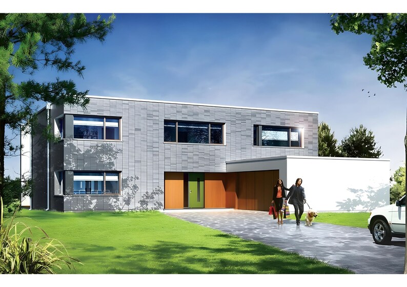 Contemporary house facade featuring sleek dark cladding spacious driveway and clean architectural lines a great fit for modern house blueprints and villa-style plans