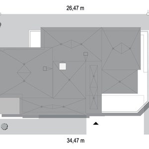 Side elevation of a modern two-story home with horizontal window alignments and an integrated garage. A great inspiration for townhouse plans or barndominium-style homes.