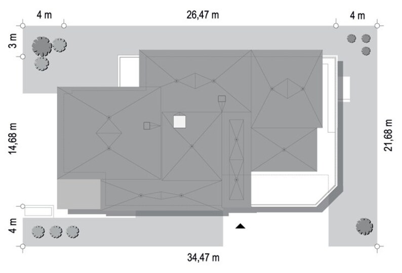 Side elevation of a modern two-story home with horizontal window alignments and an integrated garage. A great inspiration for townhouse plans or barndominium-style homes.