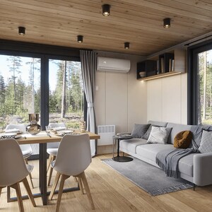 Modern interior design for tiny house plans or small cabin plans, featuring a cozy living area, dining space, and large windows for natural light. Ideal for contemporary cottage house plans with an open and functional layout.