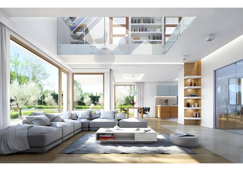 Bright and spacious villa interior with an open-plan design, large windows overlooking a garden, a cozy sectional sofa, and a mezzanine library. Natural light and modern furnishings create a luxurious and inviting atmosphere.