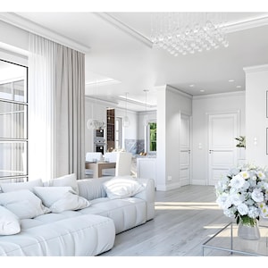 Cozy living room in a Scandinavian-style home with a white sofa, modern decor, and natural light. Ideal for tiny home plans and cottage house plans.