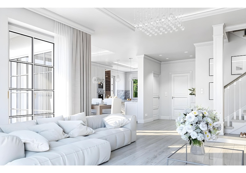 Cozy living room in a Scandinavian-style home with a white sofa, modern decor, and natural light. Ideal for tiny home plans and cottage house plans.