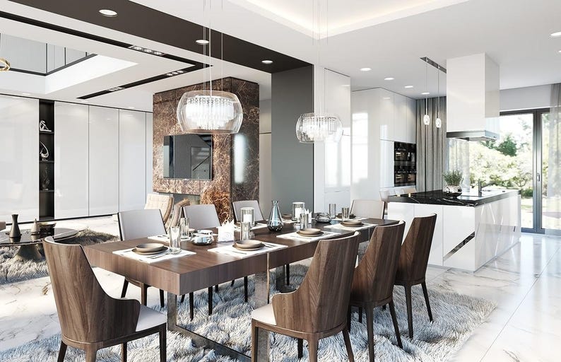 May include: A modern dining room with a large wooden table and matching chairs. The room features a marble floor, a white kitchen island, and decorative lighting. A rug is under the table.