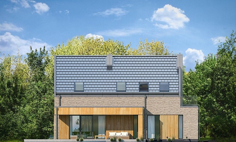 Rear view of a contemporary home showcasing a minimalist design. Great for house plan modern enthusiasts looking for sleek architecture and functional floor plans.