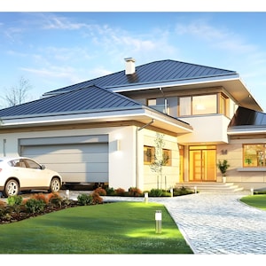 Front view of a contemporary home with a sleek garage and a landscaped garden. Perfect for those seeking modern house plans with detailed blueprints and floor plans.