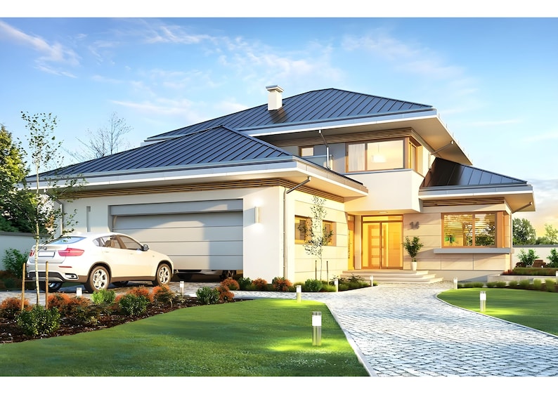Front view of a contemporary home with a sleek garage and a landscaped garden. Perfect for those seeking modern house plans with detailed blueprints and floor plans.