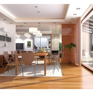 May include: A dining room featuring a rectangular wooden table surrounded by six chairs with light brown seats and metal legs. The room has hardwood floors, recessed ceiling lighting, white walls, and large glass windows looking out to a patio.