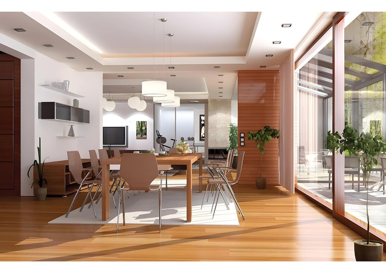 May include: A dining room featuring a rectangular wooden table surrounded by six chairs with light brown seats and metal legs. The room has hardwood floors, recessed ceiling lighting, white walls, and large glass windows looking out to a patio.
