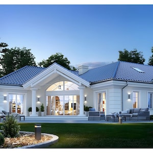 Luxury cottage-style house plans featuring a modern single-story design with spacious outdoor seating areas. Includes detailed house blueprints and floor plans, ideal for custom builds and architectural projects. Perfect for a comfortable lifestyle.