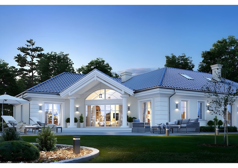 Luxury cottage-style house plans featuring a modern single-story design with spacious outdoor seating areas. Includes detailed house blueprints and floor plans, ideal for custom builds and architectural projects. Perfect for a comfortable lifestyle.