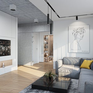 A modern Scandinavian-inspired living room with a cozy gray sofa, stylish decor, and bright natural lighting, ideal for tiny home plans or small cabin plans.
