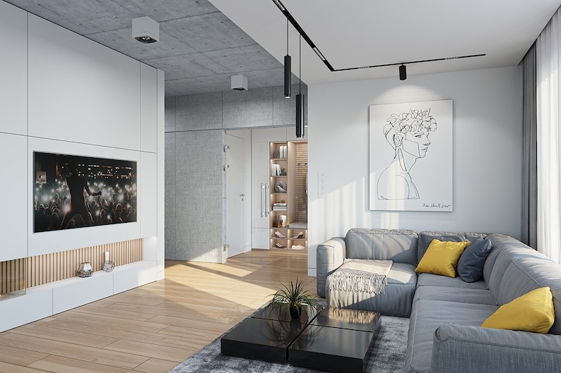 A modern Scandinavian-inspired living room with a cozy gray sofa, stylish decor, and bright natural lighting, ideal for tiny home plans or small cabin plans.