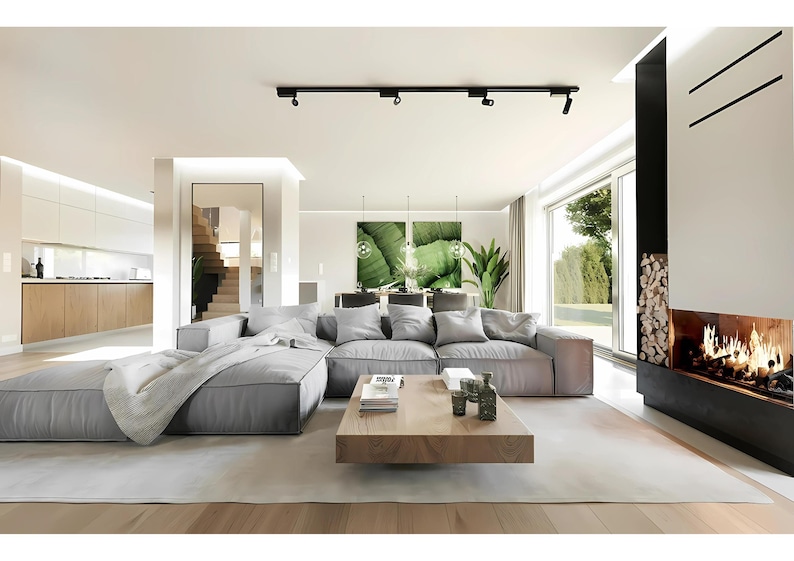 Luxury Open-Concept Living Room Design – A stunning modern living room with cozy neutral-toned sofas, a built-in fireplace, and floor-to-ceiling glass doors. Ideal for contemporary house plans. #floorplans #tinyhomeplans #modernhouseplans