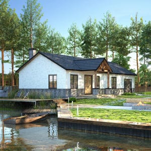 Beautiful cottage house plans by the lake with a modern A-frame design. Ideal for small cabin plans, tiny home plans, or family retreats. Includes detailed blueprints for efficient construction and timeless style for serene living.