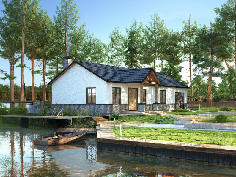 Beautiful cottage house plans by the lake with a modern A-frame design. Ideal for small cabin plans, tiny home plans, or family retreats. Includes detailed blueprints for efficient construction and timeless style for serene living.