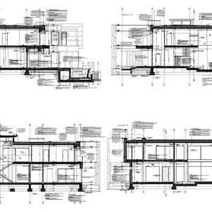 Cross-sectional architectural plans showing structural details and design layout for a modern house. Suitable for house blueprint and villa plans.