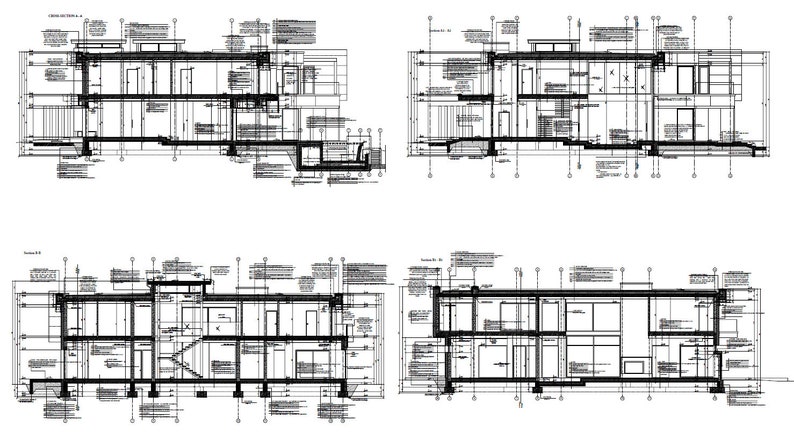 Cross-sectional architectural plans showing structural details and design layout for a modern house. Suitable for house blueprint and villa plans.