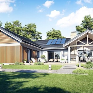 May include: A single-story house with a white exterior, dark roof, and wood-paneled accents. The structure features a covered patio area with exposed wooden beams, a stone chimney, solar panels on the roof, and large glass sliding doors.