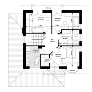 First floor architectural layout of a modern home with multiple bedrooms and a balcony. Ideal for showcasing detailed house plans and townhouse plan designs.