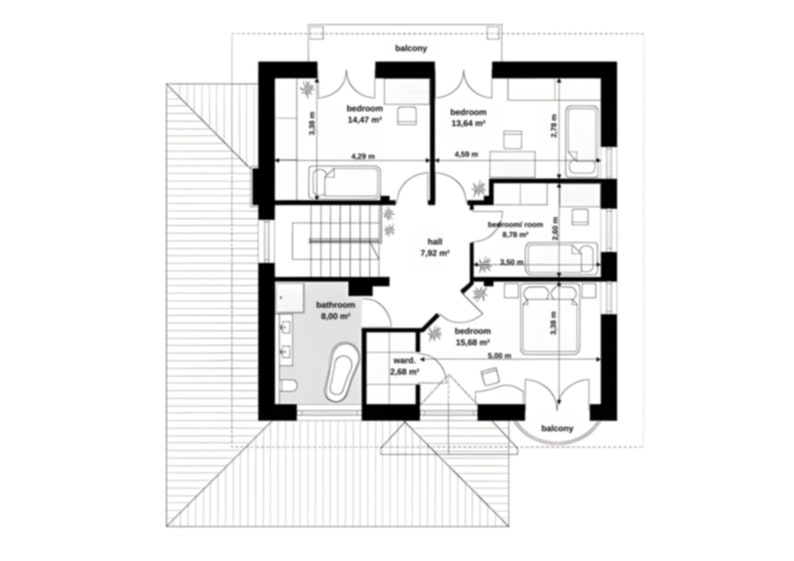 First floor architectural layout of a modern home with multiple bedrooms and a balcony. Ideal for showcasing detailed house plans and townhouse plan designs.