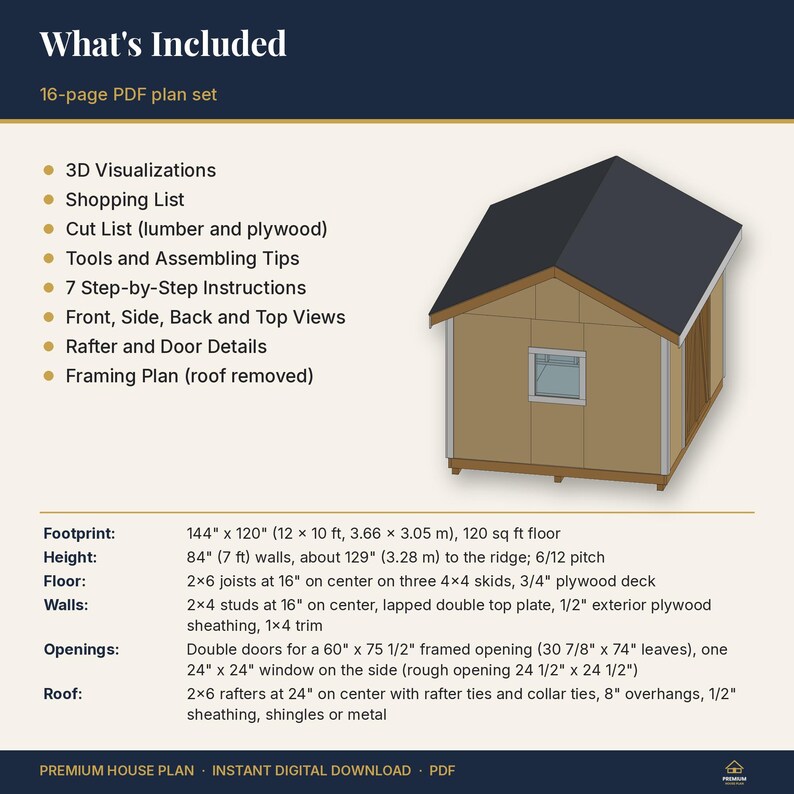 May include: A 16-page PDF plan set for a shed with a 3.66 x 3.05 m footprint and 2.13 m walls. Includes 3D visualisations, shopping list, cut list, assembly tips, step-by-step instructions, framing plans, and detailed structural specifications.
