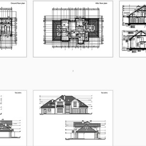 Detailed architectural blueprints including ground floor, attic floor, and cross-section views. Perfect for house blueprint and floor plan enthusiasts.
