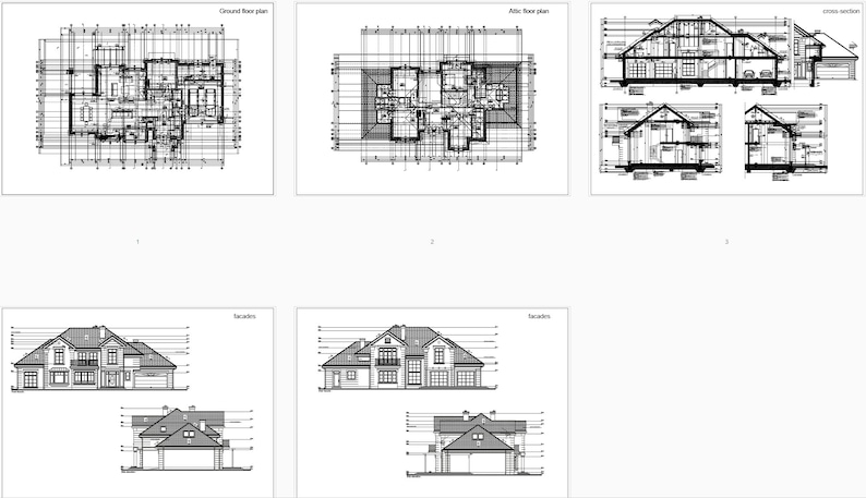 Detailed architectural blueprints including ground floor, attic floor, and cross-section views. Perfect for house blueprint and floor plan enthusiasts.