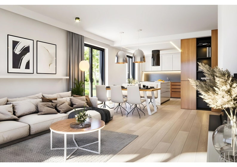 Spacious open-plan living area with natural lighting. A great example for tiny home plans and small house enthusiasts.