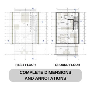 Detailed floor plans with complete dimensions and annotations for first and ground floors. Perfect for modern house plans, tiny house plans, or small cabin layouts. Includes accurate measurements for precise construction.