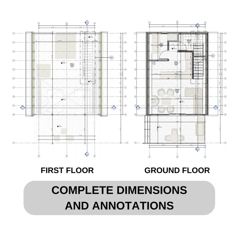 Detailed floor plans with complete dimensions and annotations for first and ground floors. Perfect for modern house plans, tiny house plans, or small cabin layouts. Includes accurate measurements for precise construction.