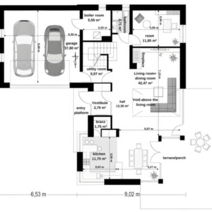 Ground floor plan of a modern villa featuring a spacious living-dining area, kitchen, garage for two cars, utility rooms, and terrace access. The layout ensures functional and comfortable living with detailed room dimensions.