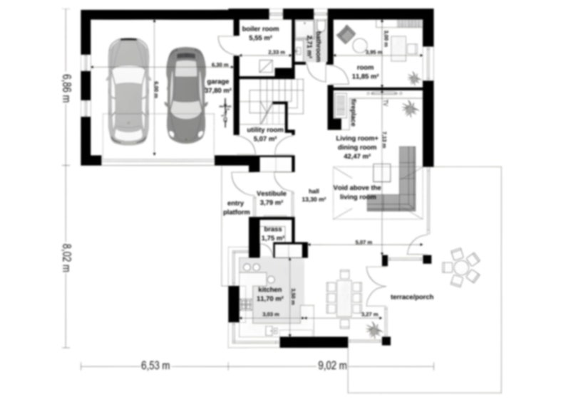 Ground floor plan of a modern villa featuring a spacious living-dining area, kitchen, garage for two cars, utility rooms, and terrace access. The layout ensures functional and comfortable living with detailed room dimensions.