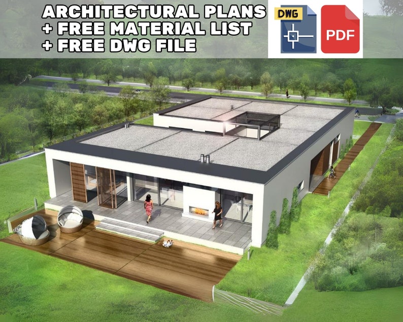 A sleek modern flat-roof house plan with free DWG and material list. Ideal for those seeking minimalist designs and Scandinavian-inspired floor plans.